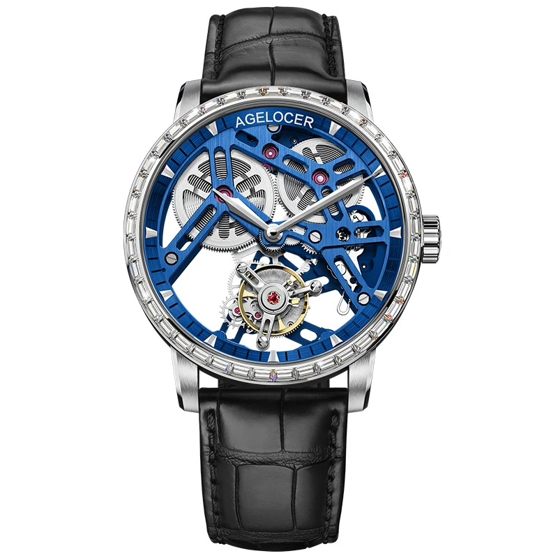 9004E1 AGELOCER швейцарские Tourbillon часы для мужчин сапфировый синий Скелет циферблат лучший бренд класса люкс механические ручной ветер для мужчин s Tourbillon часы - Цвет: 9004E1
