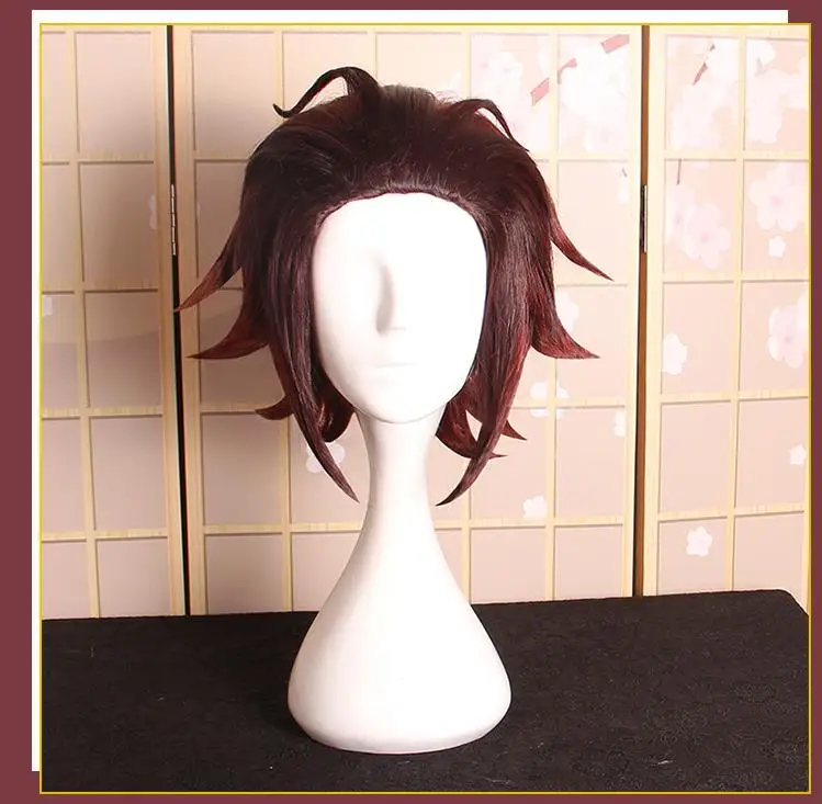 Wig Аниме! Demon Slayer: Kimetsu no Yaiba Kamado Tanjirou Кимоно Готическая униформа косплей костюм на Хэллоуин Любой Размер - Цвет: Wig
