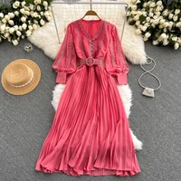 women lace patchwork pleated chiffon long dress autumn winter redblackblue draped party vestidos with sashes female robe 2021