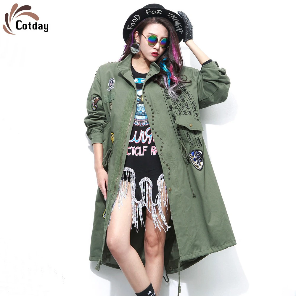 

Cotday Punk Rivet Print Design Turn-down Collar 2020 Army Green Badge Windbreaker Letter Winter Long Streetwear Jacket Coat