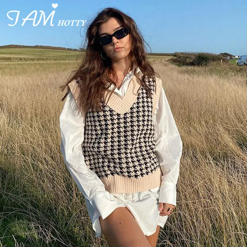 

Твидовый клетчатый свитер с V-образным вырезом, жилет, Женская эстетичная винтажная вязаная уличная одежда в стиле преппи, Новогодняя майка ...