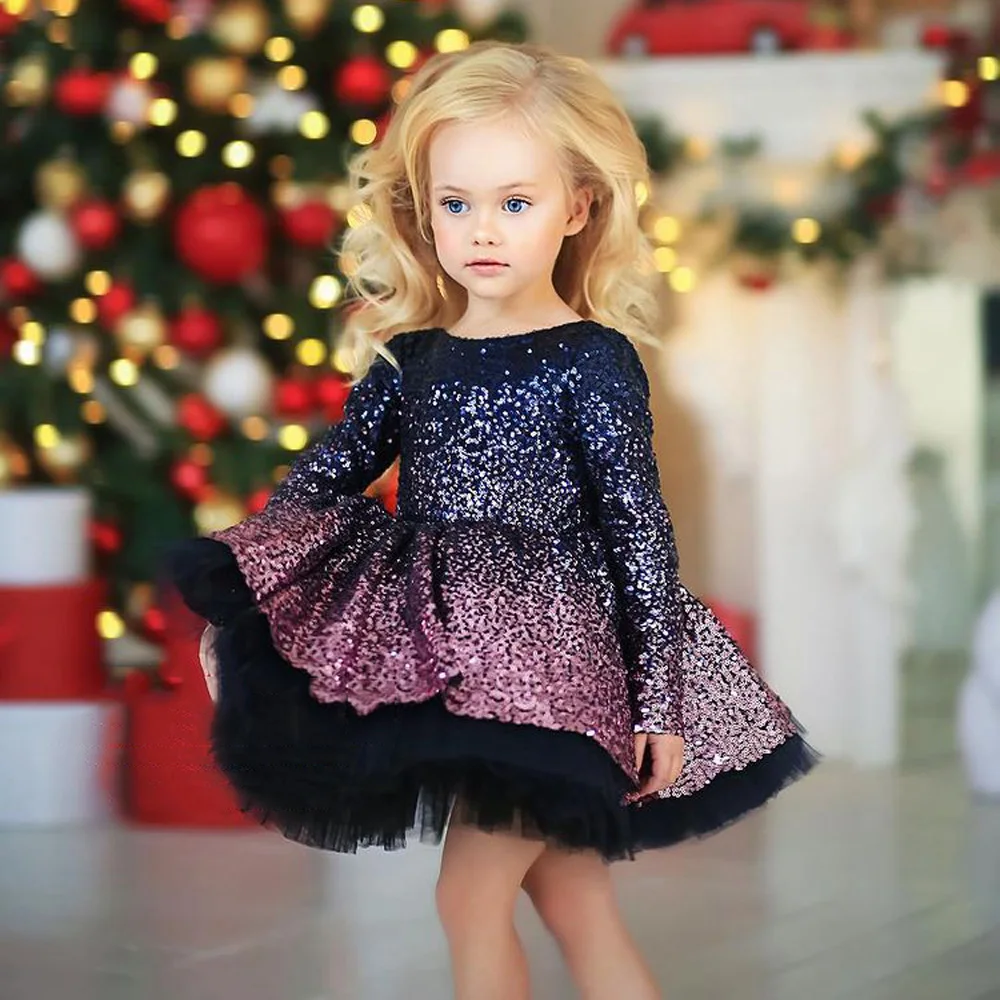 

Gradient Sequin Flower Girl Dress Long Sleeves Scoop Neck Backless Puff Baby Girl Toddler Party Dresses Pageant Gown