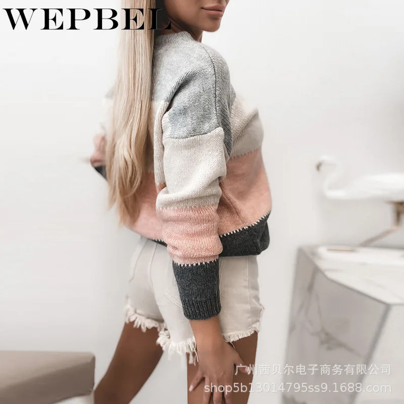 

WEPBEL Fashion Women Striped Patchwork Knitted Pullover Sweater Autumn Winter O Neck Long Sleeve Sweater Loose Knit Pullover