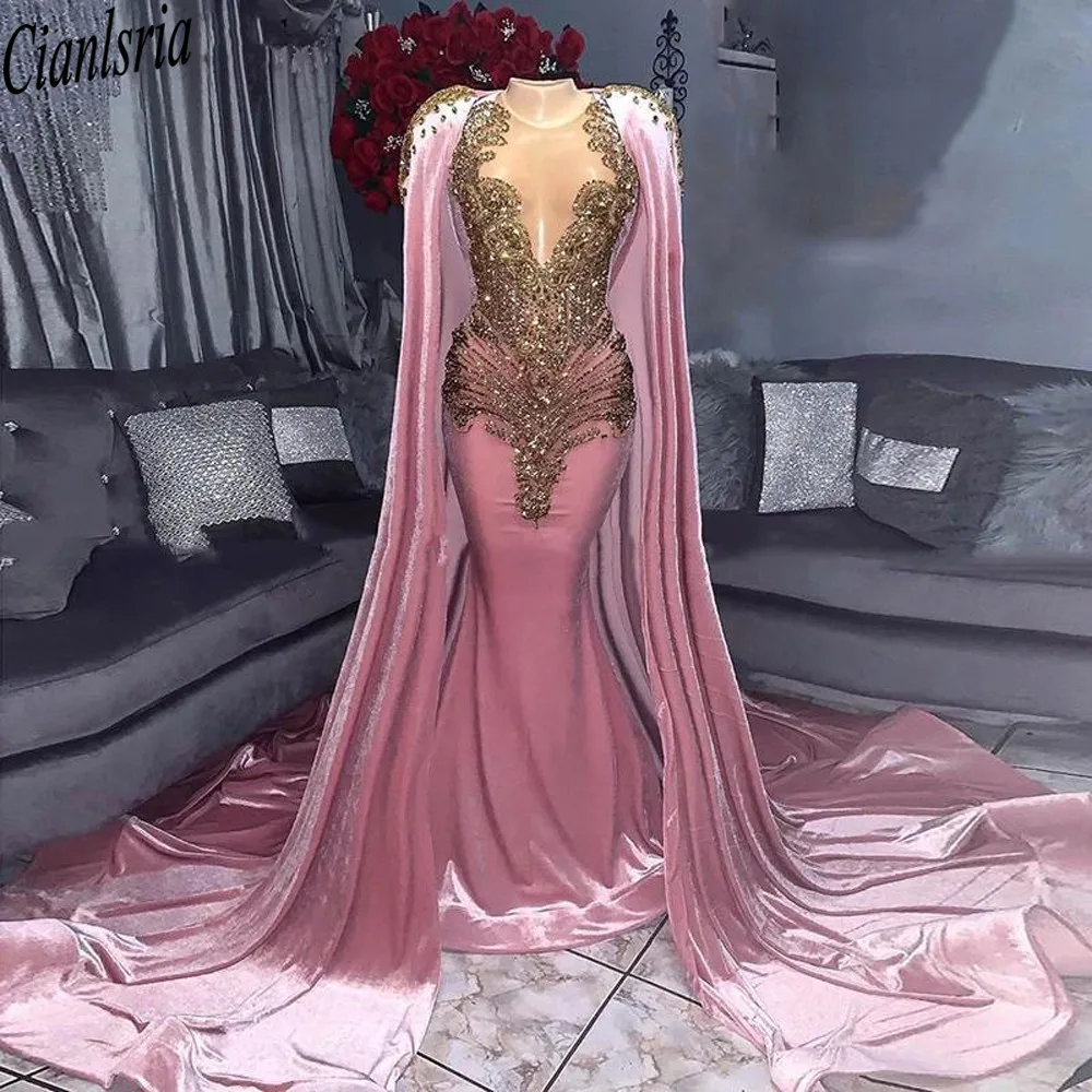 2021 Pink Mermaid Evening Dresses With Cape Luxury Beading Women Prom Gowns Long Formal Robe De Soirée