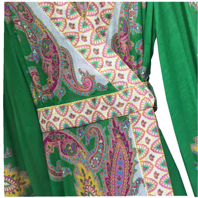 

2021 spring new women's dress cotton green retro floral lantern sleeves