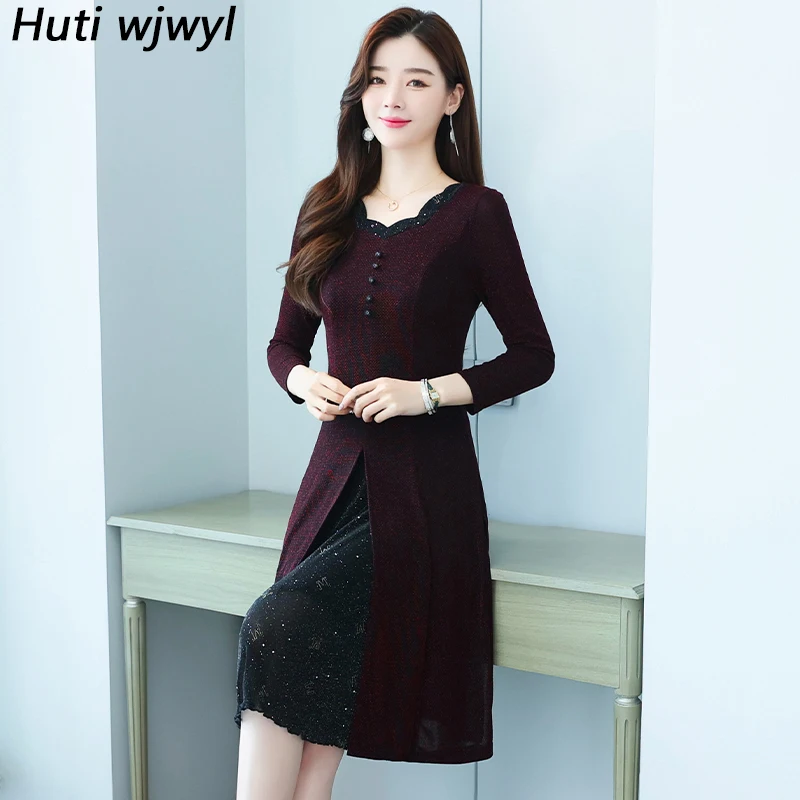 

Women Korean Vintage Long Sleeve Midi Dress Autumn Winter Elegant Solid Casual Office Lady Dress 2022 New Bodycon Party Vestidos