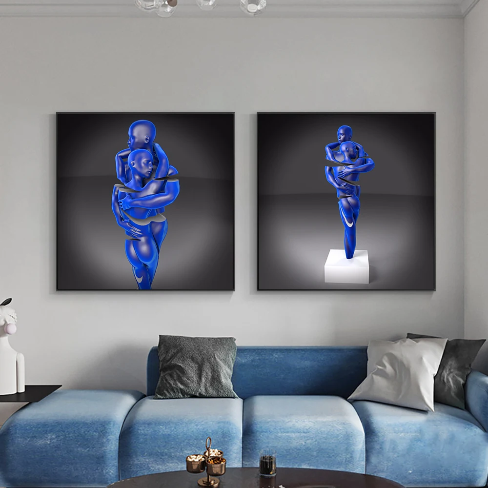 

Абстрактная голубая романтическая Металлическая статуэтка, плакаты и принты, Картина на холсте, современное настенное искусство, интерьер ...