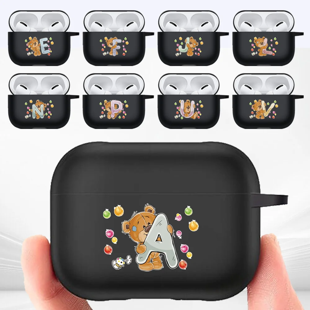 

Cute Protective Case for Apple AirPods Pro Wireless Earphone Case with Bear Pattern Letter Series Black Matte Earphone Sleeve
