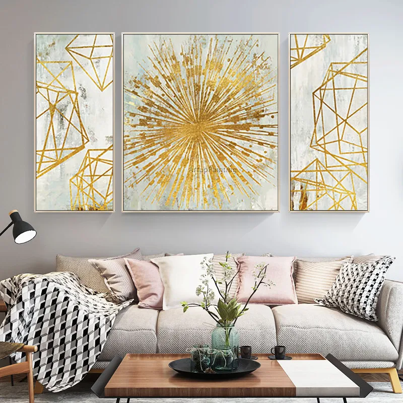 3 шт. абстрактные акриловые картины геометрической формы большие золотые