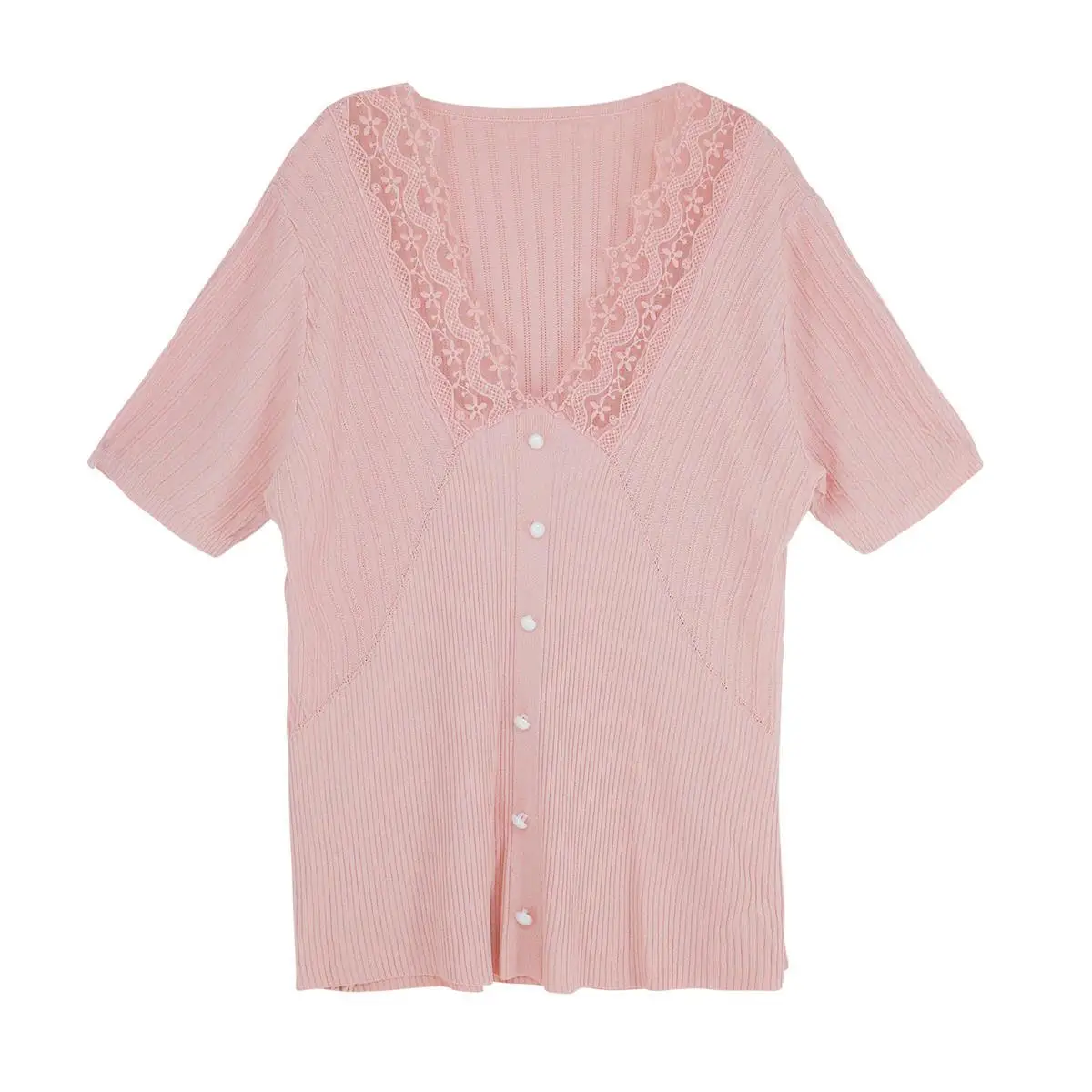 

2021 new French fairy style retro lace stitching ice top women's summer elegant thin temperament knitted short sleeve shirt