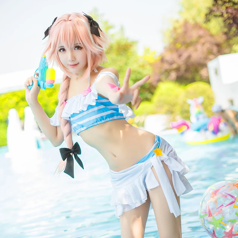 Fate Astolfo Cosplay Costume Game Apocrypha Swimsuit FGO Women Set Halter Neck Swimwear Suit |