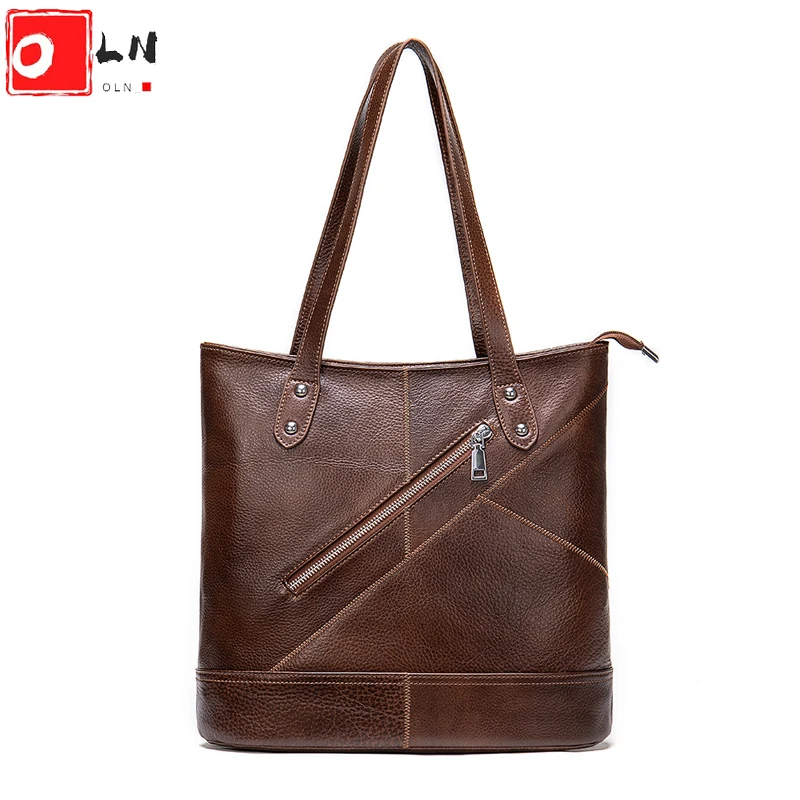 

Women Genuine Leather Shopper Bag Female Vintage Designer Patchwork Tote Retro Top Handle Shoulder Handbag For Shopping Bolsos