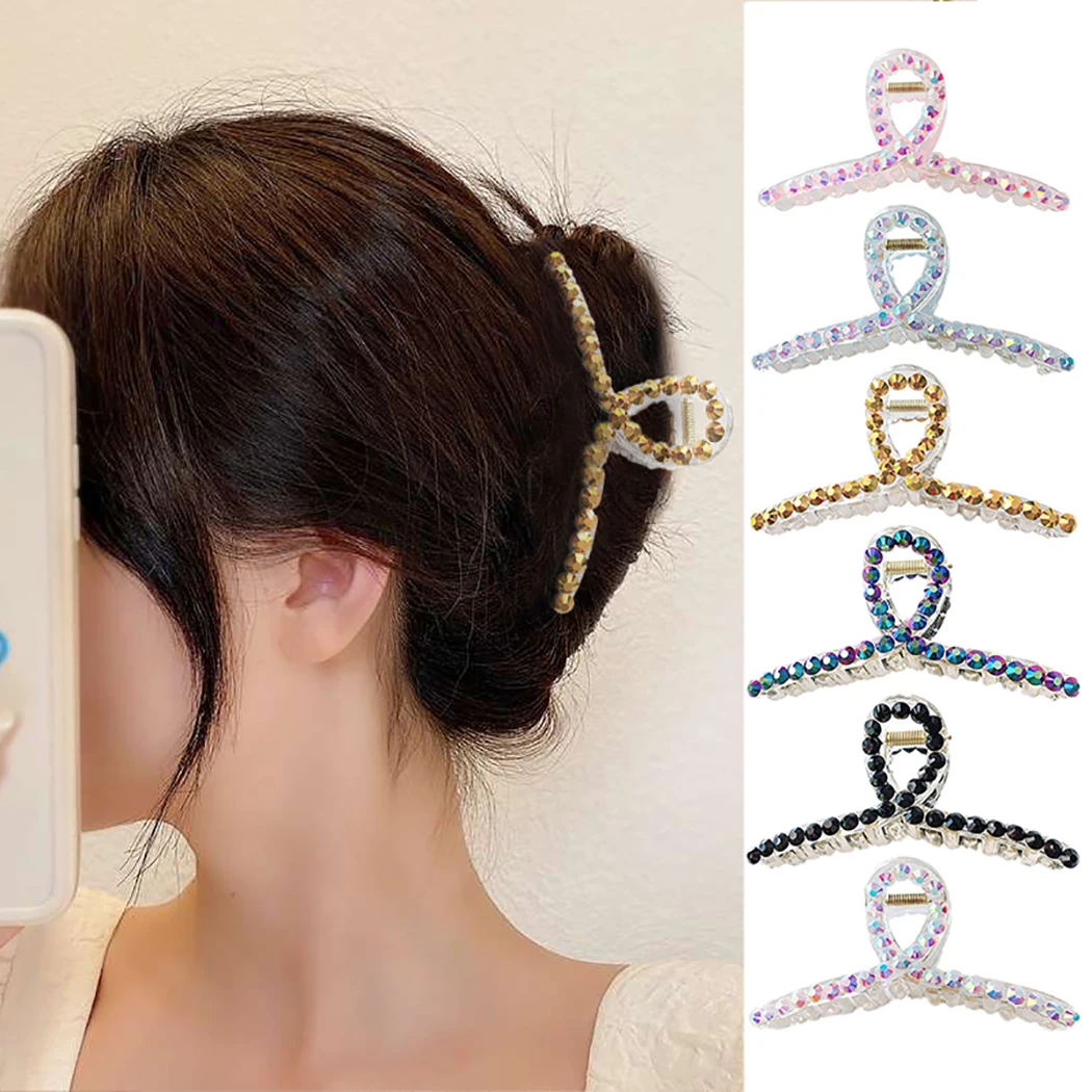 

6PCS Hair Claw Cloth Design Hair Clips Hairpins Plastic Elegant Hollow Rhinestones Barrette Ponytail Holder Crabs For Women