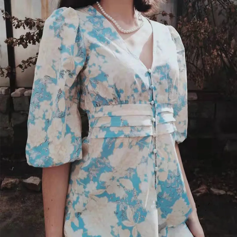 

Casual Women Dress Za 2021 Floral Print Vestidos Vintage Cascading Ruffles Dress V neck Loose Dresses High Waist Ropa Mujer