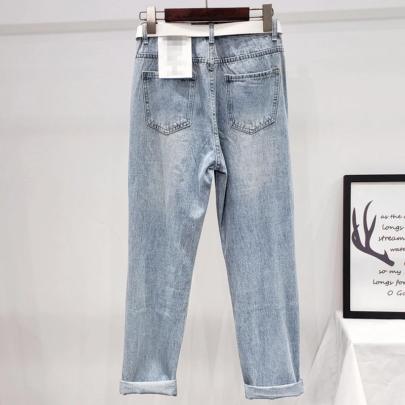 

Women Letter Hole Ripped Straight Jeans Spring Summer New Hip Hop Denim Trousers Street Zipper Blue Casual Pants Female S-XL