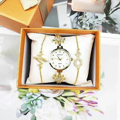 gold watch set Женские часы, подарочный набор, модные наручные часы с ювелирным браслетом, набор, сплав, звезды, стразы, ремешок, простые часы, часы для лица - Цвет: gold watch set