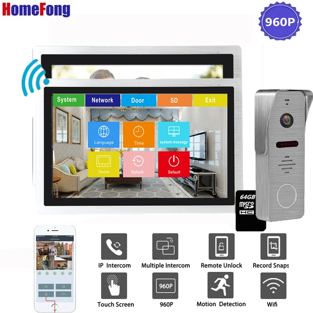 Видеодомофон Homefong 10 дюймов Wi Fi 960P сенсорный экран|Видеодомофон| |