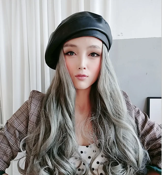 Beret Women Spring  Autumn Wig Hat Detachable Large Wave Long Hair Wool Foll Integrated Large Head Circumference Fashion Gray