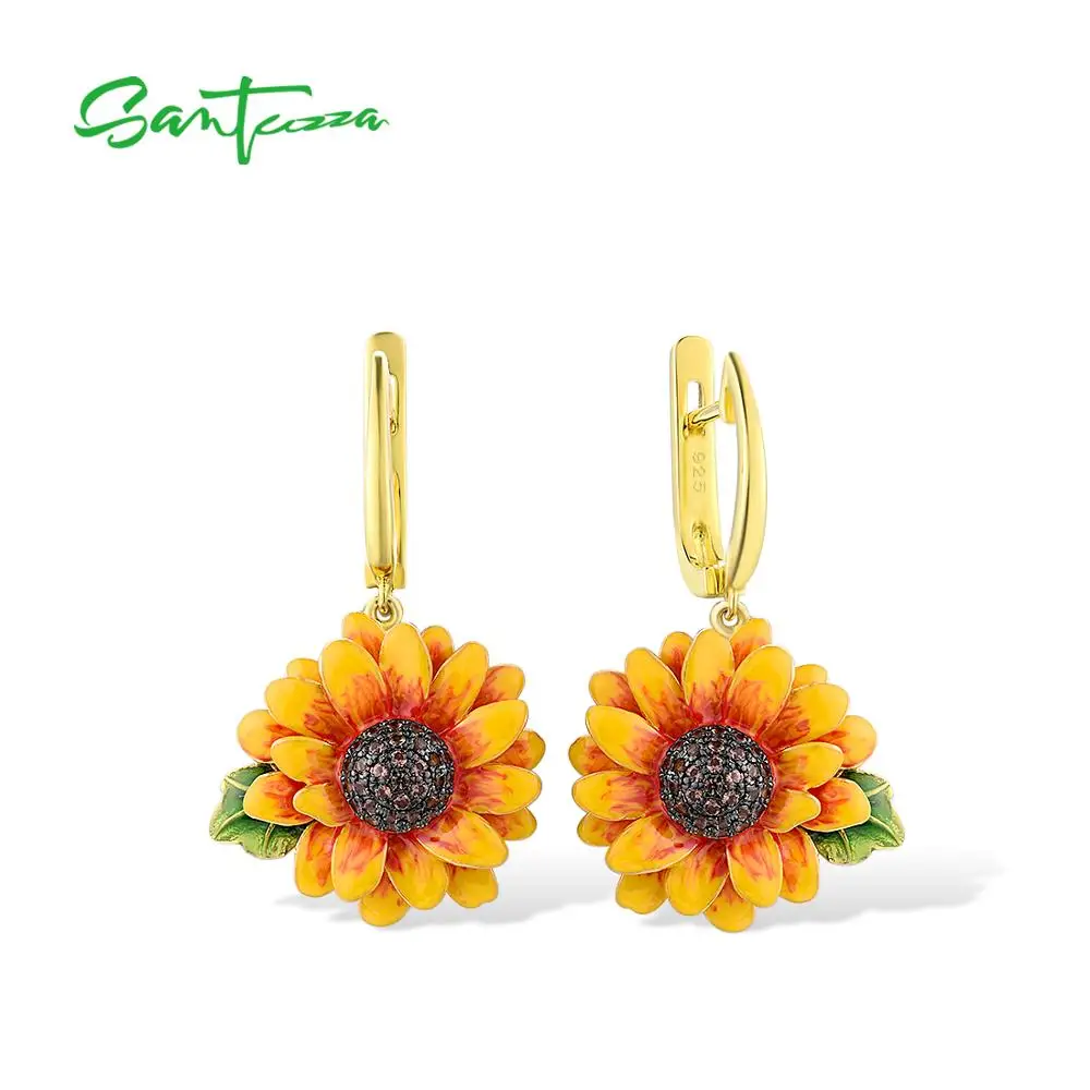 

SANTUZZA Silver Earrings For Women Pure 925 Sterling Silver Delicate Sunflower Trendy Drop Earrings Fine Jewelry Handmade Enamel