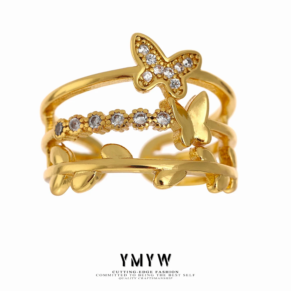 

YMYW Butterfly Ring Gold Color Copper 14 K Metal Exquisite Cubic Zirconia Geometric Opening Ring For Women Anillos Mujer 2021