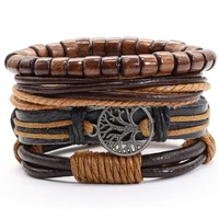 leather bracelet mens khaki brown handmade punk multilayer wooden bead charm bracelet set for women and mens jewelry