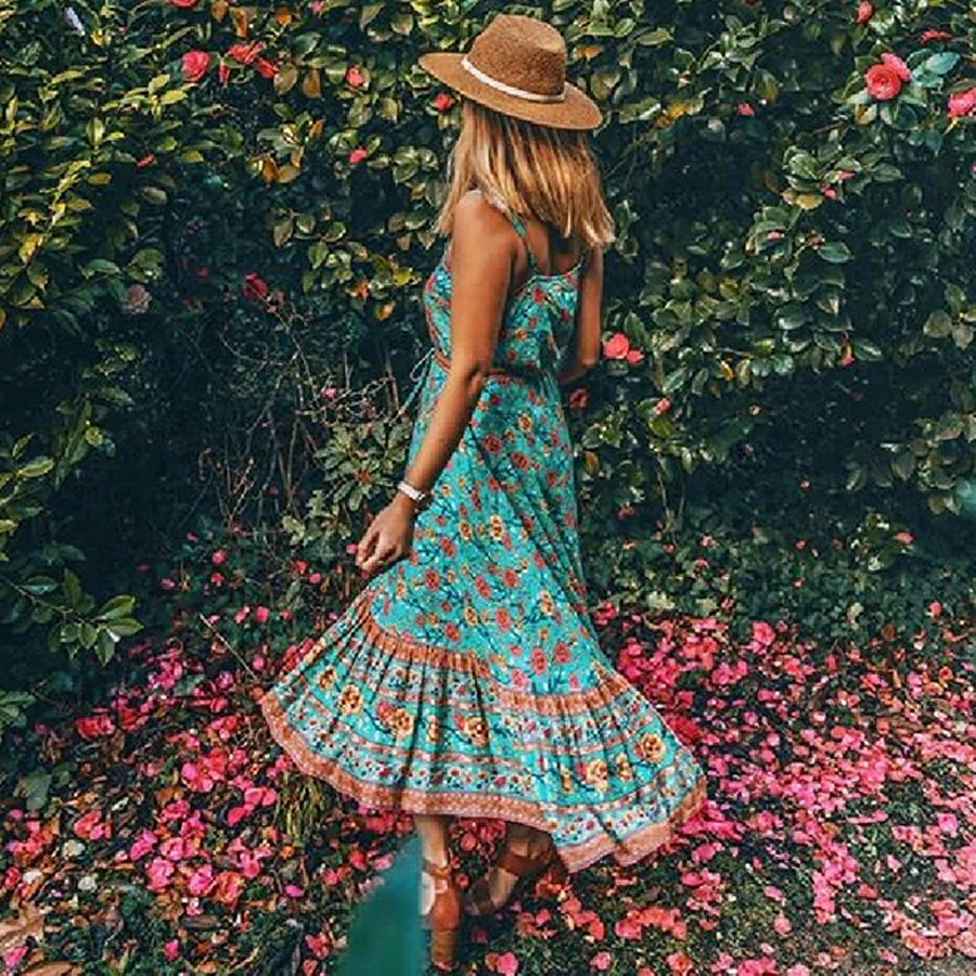 TEELYNN BOHO strapppy платья Gypsy без рукавов летние платья искусственный шелк Цветочный Принт Сарафан Макси платье на бретелях для женщин vestidos