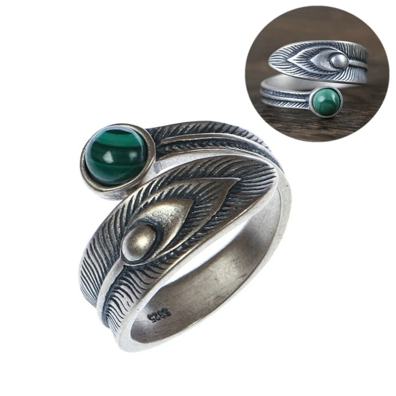 

S925 Sterling Silver Retro Malachite Feather Ring Open Stacking Rings Couple Models Open Gem Ring Women/Men Jewelry Accessories