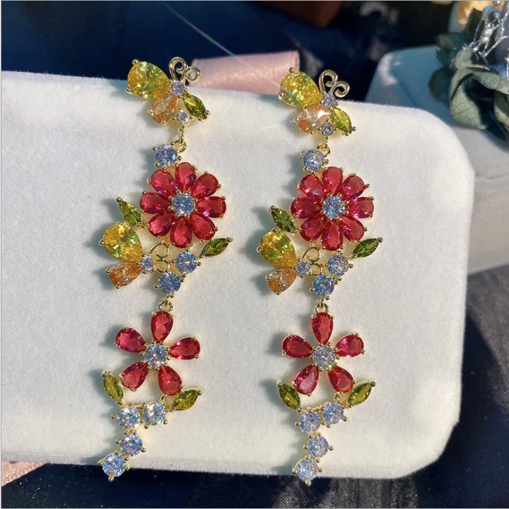 

S925 silver needle earrings copper micro-inlaid color zircon earrings 18K gold electroplating flower long earrings women