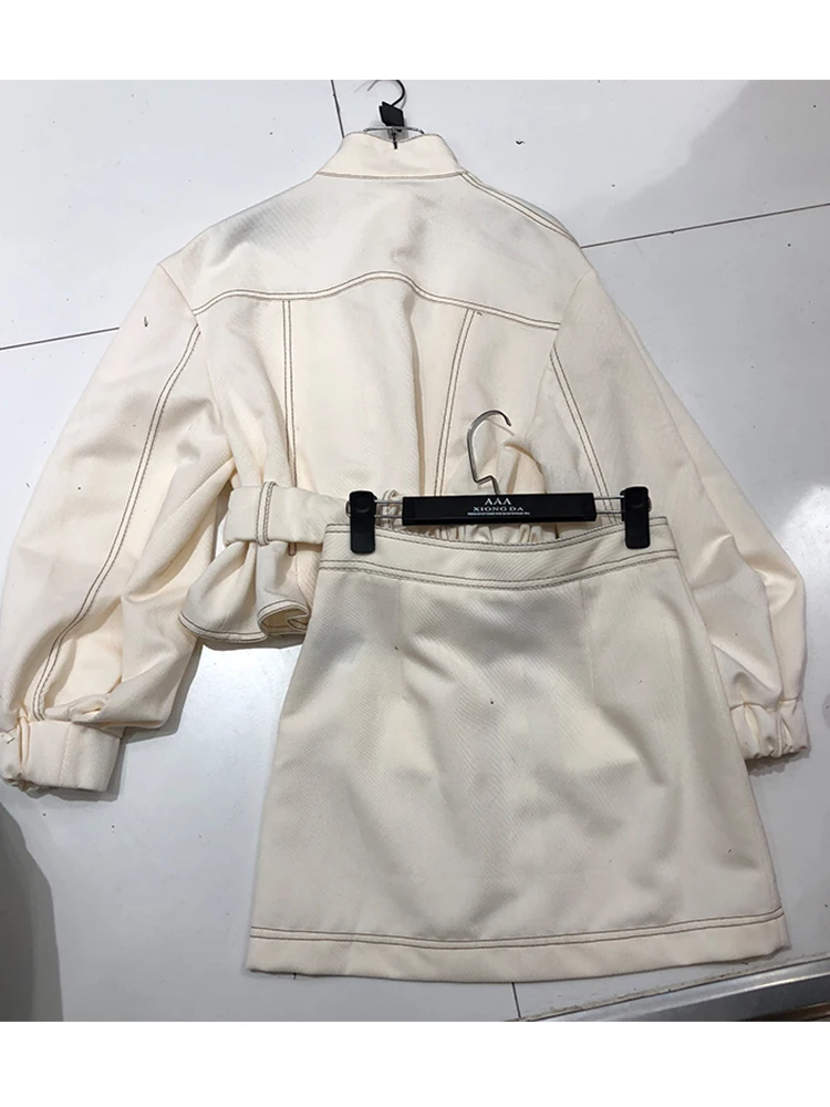 

Free shipping tooling pockets straps denim two-piece suit women's autumn new style + elastic waist bag hip skirt fashion suit