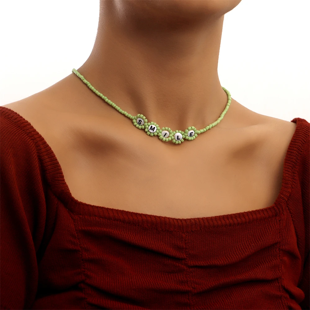 

Boho Simple Strand Beads Choker Necklace For Women String Collar Letters LOVE SMILE Charm Handmade Jewelry Femme Gift 2021 New