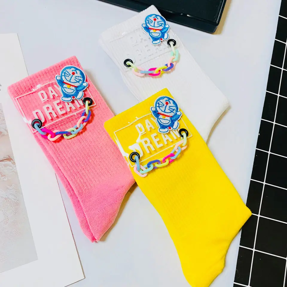 

Doraemon Fashion Cartoon Cotton Socks In Tube Candy Color Pure Cotton Breathable Fashion Street Stockings 1pcs