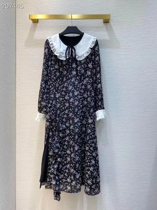 

2021 Women Summer Runway Long Sleeves Dress Ladies Cute Peter pan Collar Flower Print Fashion Party Silk Dresses Vestdios