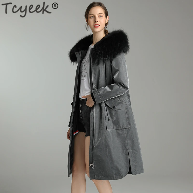 

Зимняя одежда Tcyeek, Женское пальто с мехом енота, воротник с капюшоном, шуба из кролика Рекс, Женская длинная парка, 2020