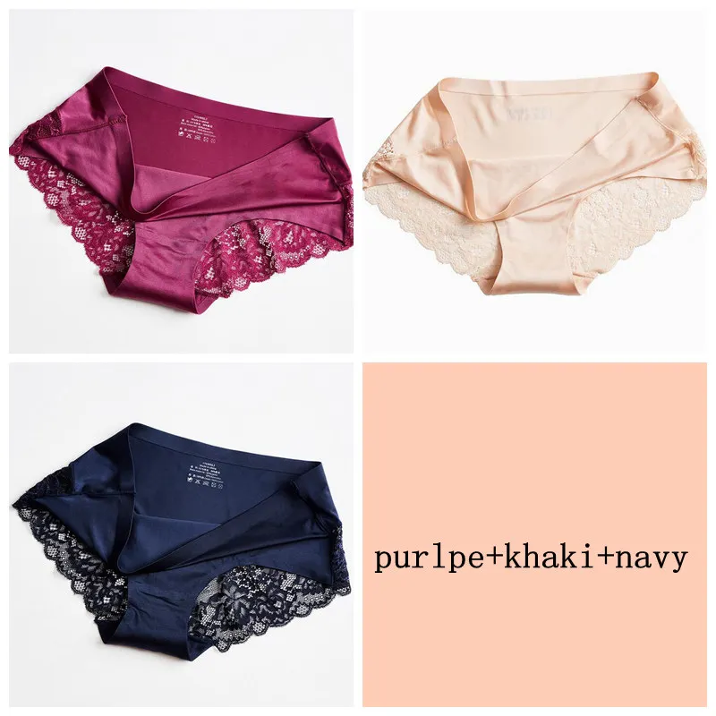 khaki navy purple 3 шт., сексуальные кружевные бесшовные трусики, женские шелковые трусы, одноцветные трусы с низкой талией, нижнее белье, Летнее белье - Цвет: khaki navy purple