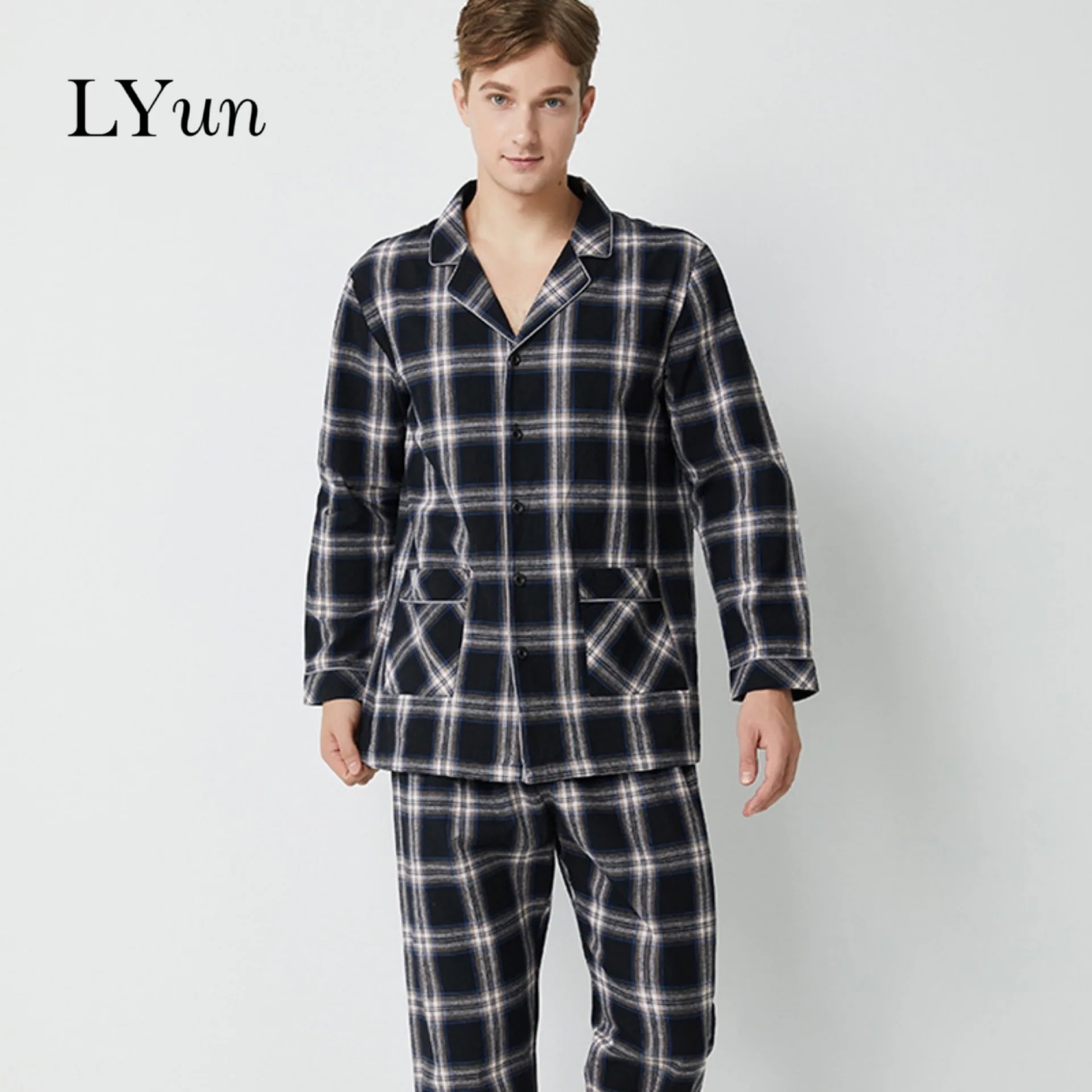 LYun новые осенние и зимние хлопковые пижамы мужские с длинными рукавами Промытые