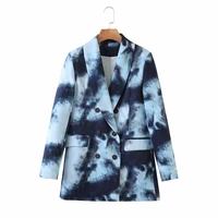 women 2021 fashion double breasted tie dye blazer coat vintage long sleeve flap pockets female outerwear chic blazers tops