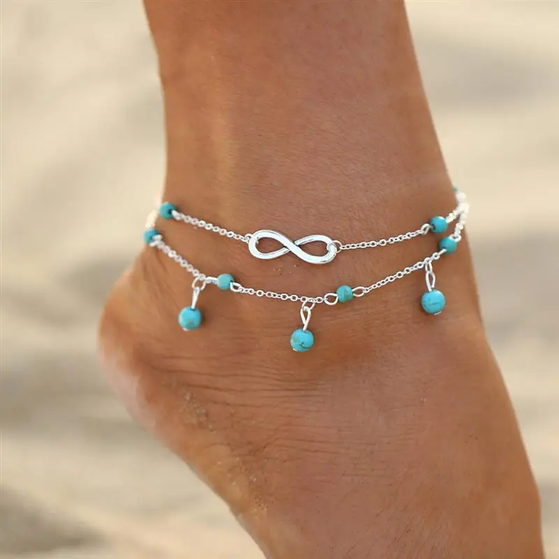 Retro Vintage Antique Silver Color Anklet Women Big Blue Stone Beads Bohemian Ankle Bracelet cheville Boho Foot Jewelry | Украшения и
