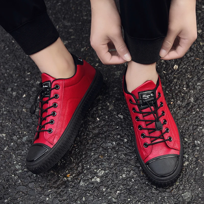 

2020 Fashion Men Casual Shoes PU Leather Sneakers Man Flats Vulcanized Shoes Outdoor Zapatos De Hombre Black Red White Zapatilla