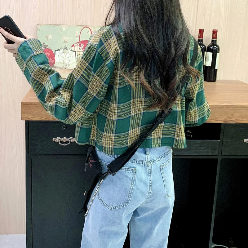 Платье 2020 костюм-платье в клетку короткий росы пупка рубашка кардиган отворот Ins