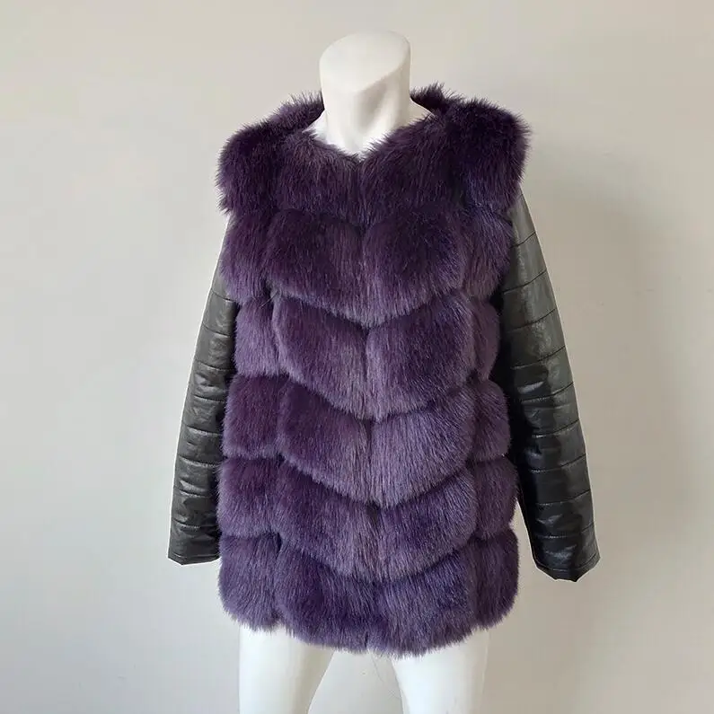 Purple Зима, Новое поступление, теплая женская шуба из искусственного лисьего меха с полиуретановым рукавом, высокая имитация лисьего меха, куртка, черная меховая верхняя одежда - Цвет: Purple