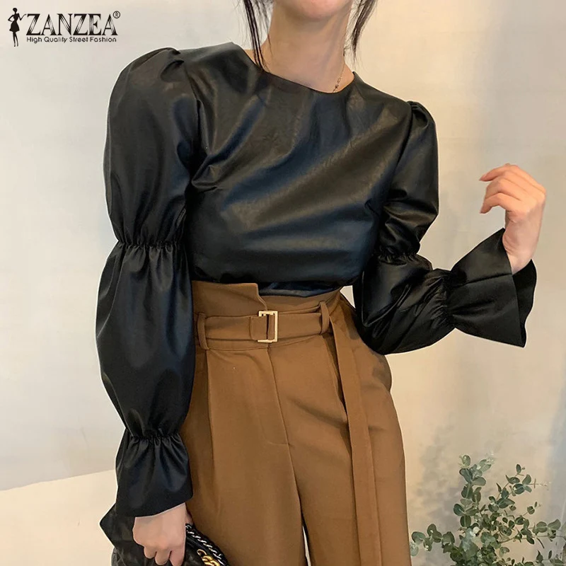

ZANZEA 2021 Casual Baggy Blusas Fashion PU Leather Tops Women Puff Sleeve Blouses Female O Neck Tunic Street Chemise Oversized