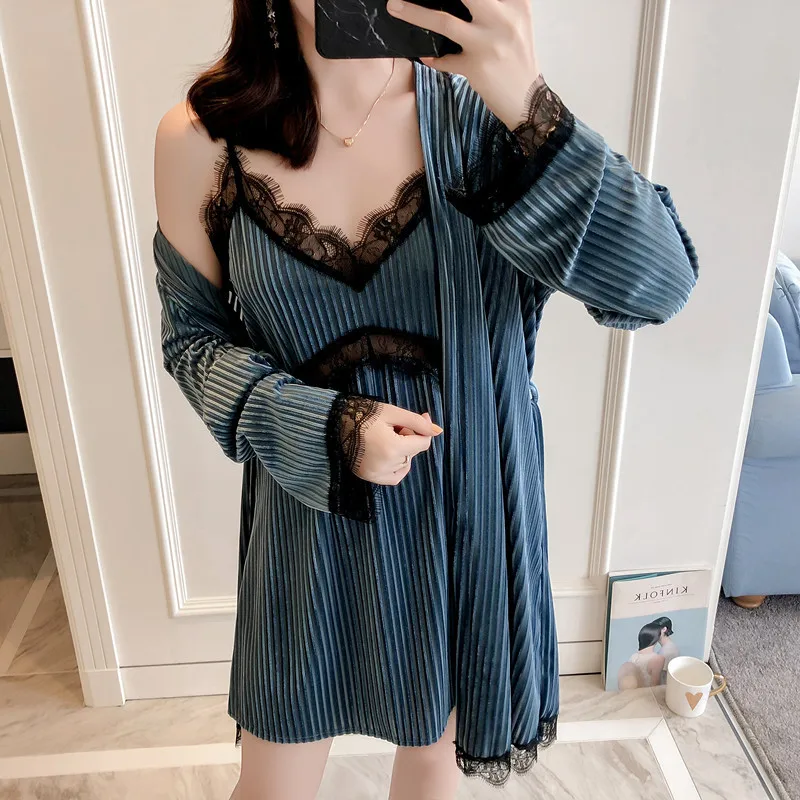 Женские зимние Бархатные теплые халаты кружевное сексуальное кимоно банный