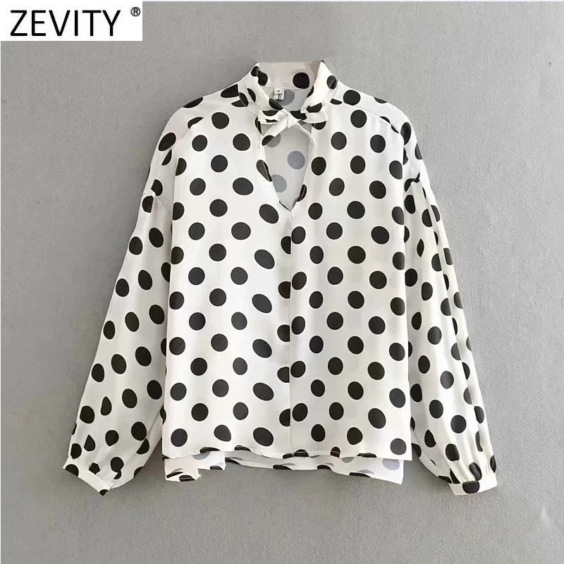 

ZEVITY New Women Sweet Bow Tied Decoration Polka Dots Print Casual Smock Blouse Female Chic Long Sleeve Brand Blusas Tops LS9073