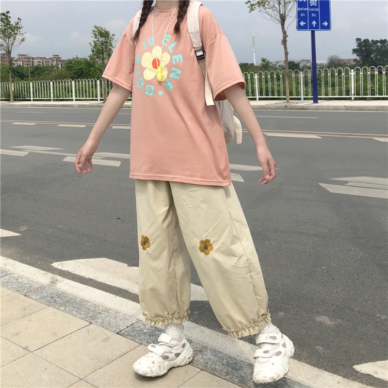 

Limiguyue Japan Style Kawaii Women Pants Loose Floral Embroidery Pants High Elastic Waist Casual Ruffles Cute Straight Pant K719