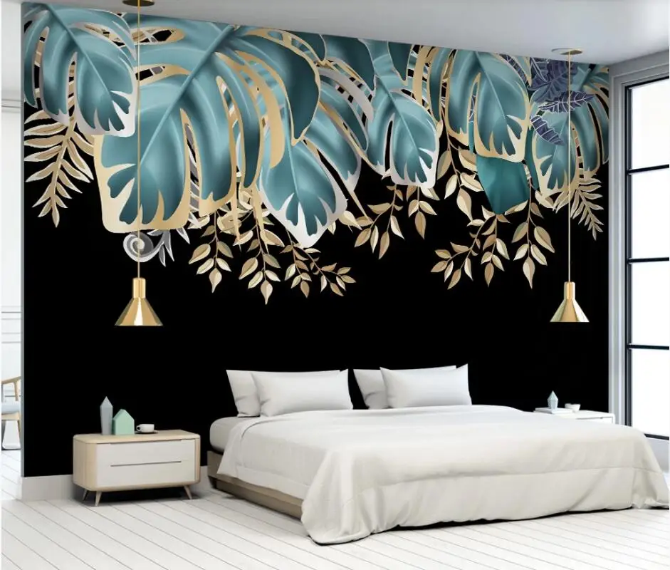 

AINYOOUSEM Hand painted tropical plants golden leaves background papier peint papel de parede wallpaper 3d wallpaper stickers