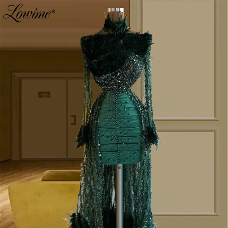 Green Beaded Arabic Party Dress High Low Prom Dresses Dubai Long Sleeves Feathers Boat Neck Plus Size Customized Evening Gowns