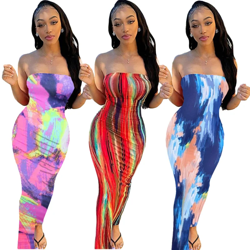 

Women's Clothing Spring Summer Colorful Tie-Dye off-Shoulder Tube Top Dress Slim Sexy Bodycon Casual Midi Dress Party Dresses
