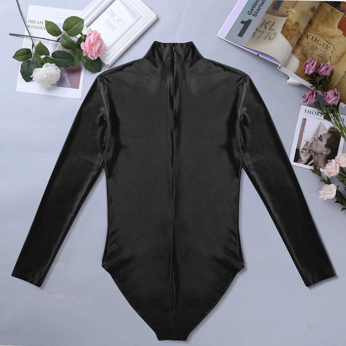 Mens One-piece Swimsuit Long Sleeve Stand Collar Stretch Solid Cosplay Costume Leotard Bodysuit Jumpsuit