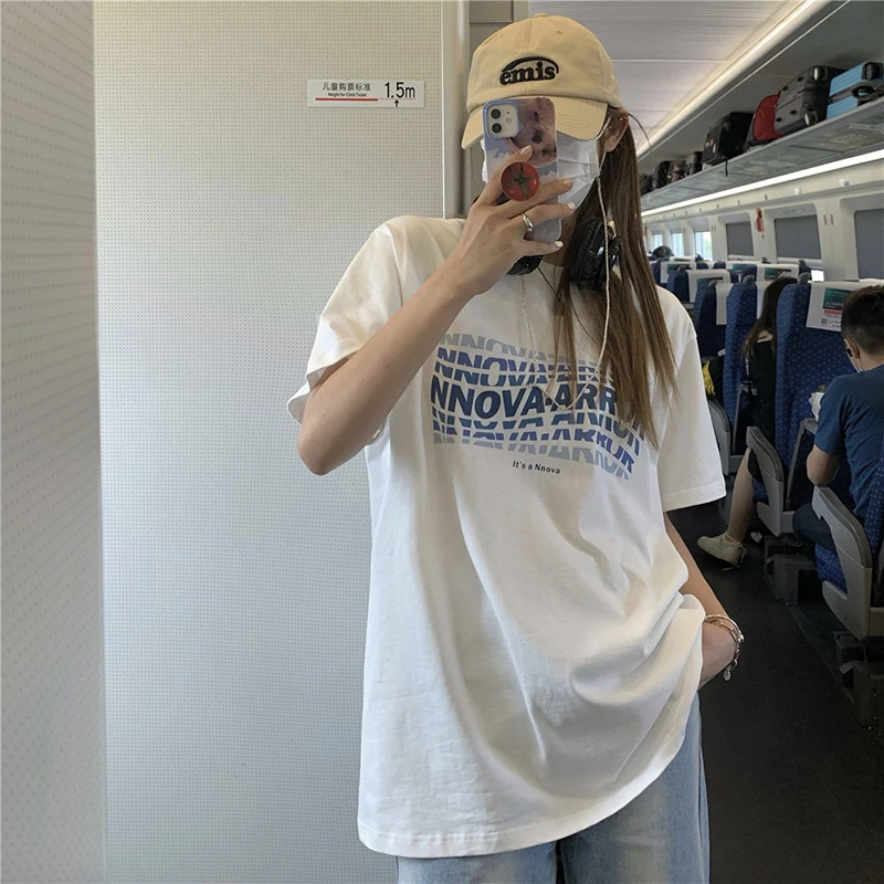

Letter printing trendy hip-hop loose Hong Kong style white short-sleeved women's wild loose