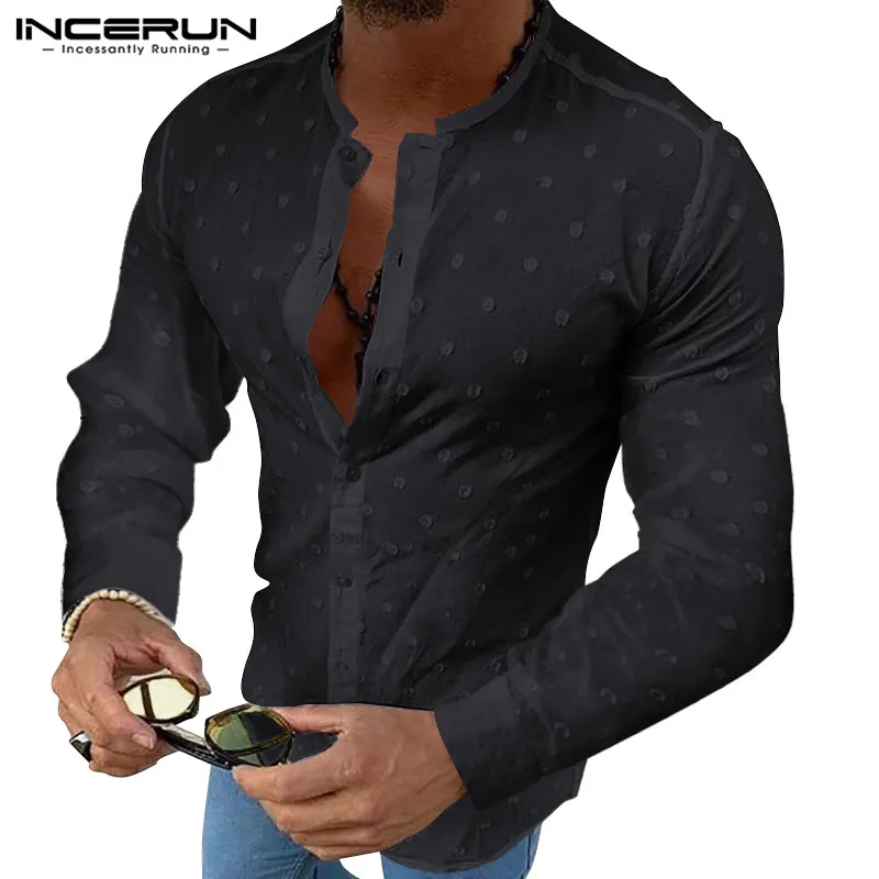 

INCERUN модные однотонные Цвет рубашка для мужчин с длинным рукавом жаккард Кнопка 2021 шик блузка Уличная Повседневная обувь, мужские нарядные ...